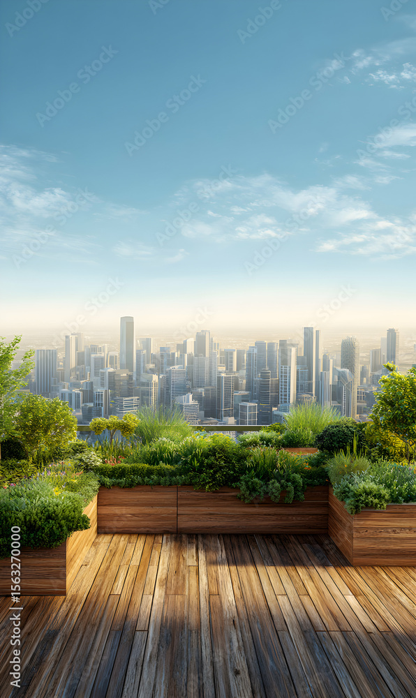 Fototapeta premium Urban oasis rooftop garden overlooking city skyline bright daylight tranquility sustainable design