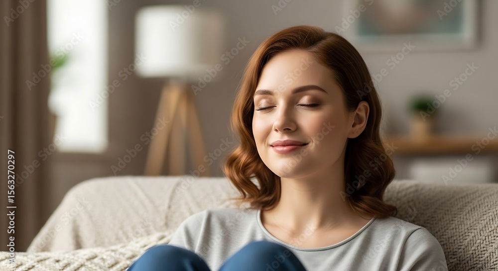Woman closing eyes briefly to focus, calm atmosphere Woman closing eyes briefly to focus, calm atmosphere