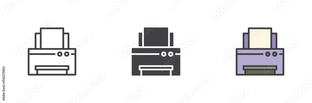 Office printer icon set in line, solid and filled outline style Office printer icon set in line, solid and filled outline style