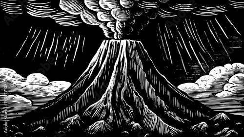 erupting volcano with lava streams and smoke, suitable for educational posters, adventure branding or natural disaster themes a black and white line art illustration