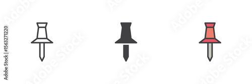 Push pin icon set in line, solid and filled outline style