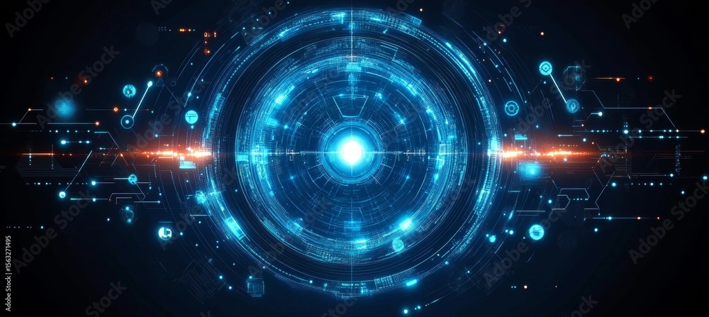 Obraz premium Futuristic Interface Design with Glowing Dome Shield and HUD Elements on a Blue Background