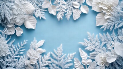 Blue Background with White Floral & Pine Branch Border and Text Space for Winter Presentations