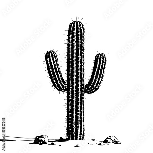 Desert Cactus Illustration – Black and White Ink Sketch of Saguaro Plant