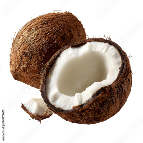 Wallpaper Mural Tropical Coconut Duo: A vibrant duo of coconuts, one whole and the other gracefully halved, revealing the fresh, white interior and texture, showcasing the tropical essence. Torontodigital.ca