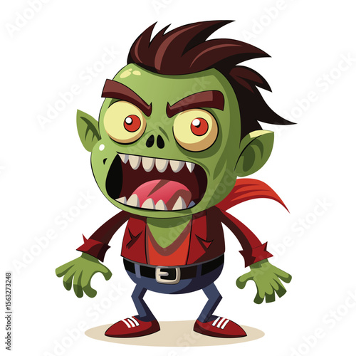 Angry green zombie cartoon character with red scarf and shoes