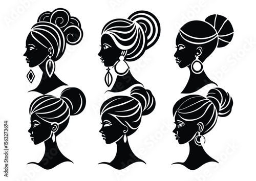 Elegant woman silhouette with stylish hair bun and ornate earring simple vector illustration
