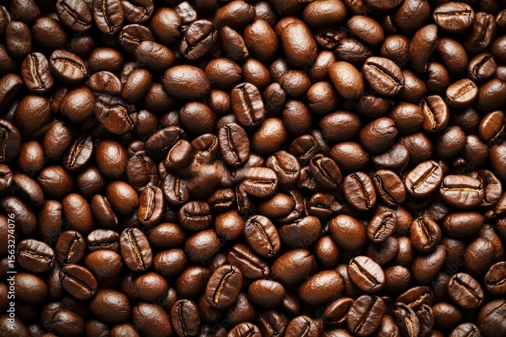 Fototapeta premium Close-up of shiny, roasted coffee beans densely packed, showcasing rich brown tones and textured surfaces.