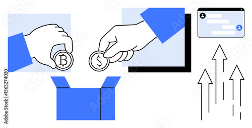 Hands placing cryptocurrency and dollar coins in a box, chat window for communication, and upward arrows representing financial growth. Ideal for crowdfunding, teamwork, saving, wealth, finance apps