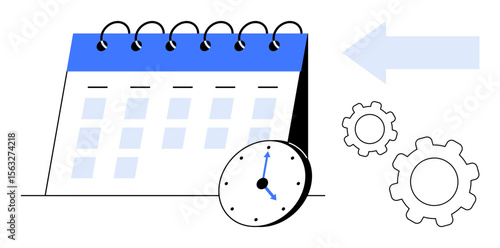Calendar with a clock indicating time, gears symbolizing processes, and an arrow pointing left. Ideal for organization, workflow, planning, efficiency, time tracking, automation simple landing page