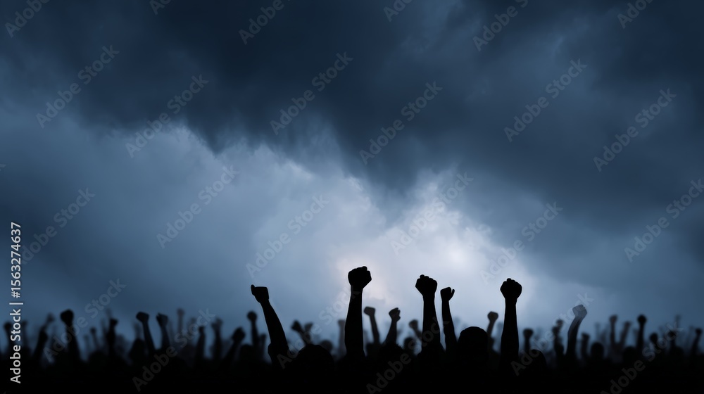 Fototapeta premium Crowd silhouetted against a dark, stormy sky, raising fists in protest, embodying the spirit of civil unrest and the ongoing fight for rights and justice