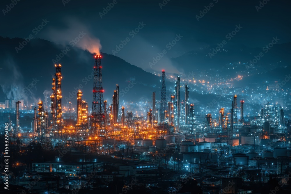 Obraz premium Glowing Cityscape at Night with Illuminated Refinery and Surrounding Hills