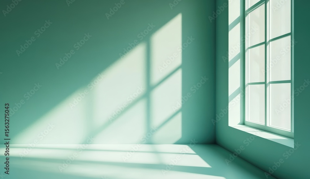 A minimalist empty room with soft teal walls and sunlight casting geometric window shadows on the floor. A minimalist empty room with soft teal walls and sunlight casting geometric window shadows on the floor.