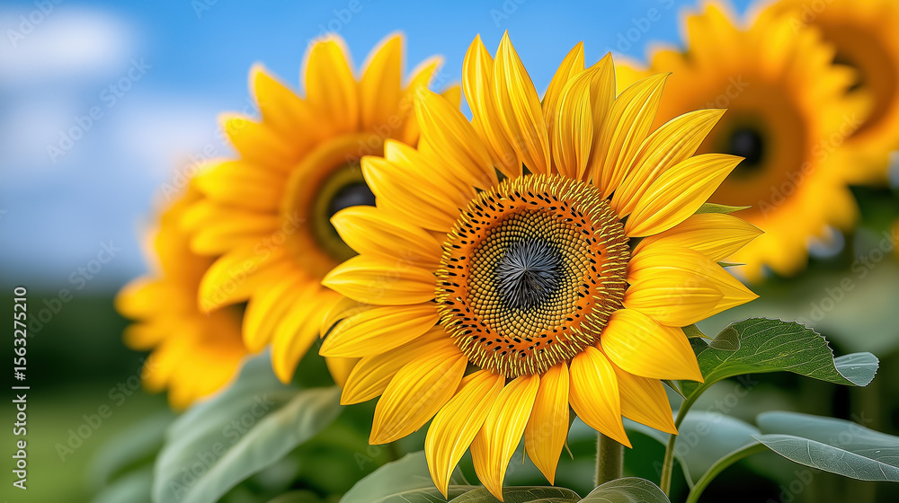 Fototapeta premium Sunflowers blooming in a vibrant field under a clear blue sky