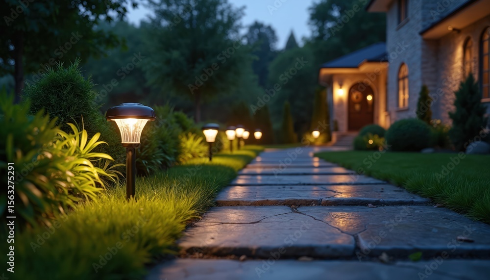 Fototapeta premium Solar-powered garden lights illuminate pathway. Stone pavement, green grass, bushes, cozy environment. Outdoor lighting, landscape design. Evening atmosphere. Sustainable architecture, modern