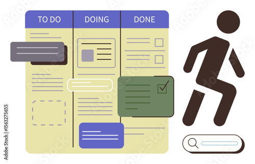 Kanban-style board with To Do, Doing, and Done columns, task cards, search bar, and ascending figure. Ideal for task management, productivity, planning workflow goal tracking organization