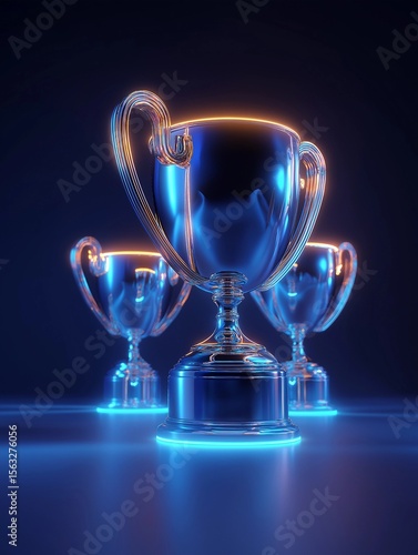Minimalist Web3-Style Trophies on Dark Blue Background with Futuristic Lighting