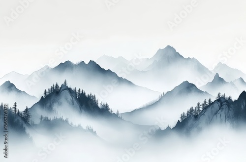 Misty mountain range with layered peaks and pine trees blending into soft, ethereal fog under a pale sky.