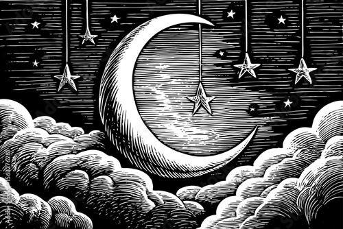 crescent moon with hanging stars and clouds, ideal for dream journals, nursery decor or magical branding a black and white line art illustration