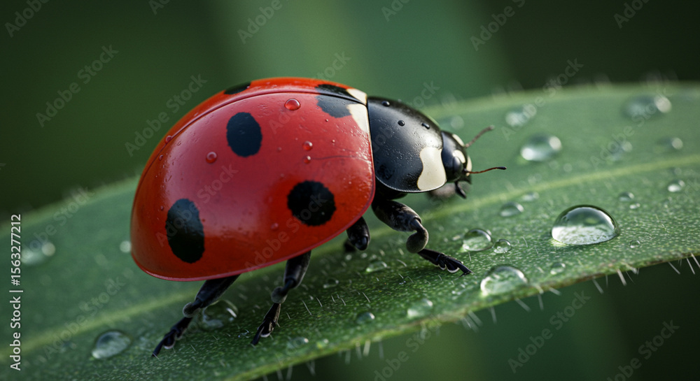 Naklejka premium Ladybug on Dewy Leaf: Captivating macro shot of a vibrant ladybug with its iconic red and black spotted shell, gracefully perched on a lush green leaf adorned with glistening dewdrops.