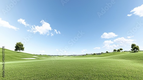 A neatly trimmed grass field with soft shadows, offering a minimalist and professional look