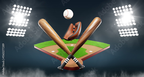 Fotografi Baseball field stadium with bats, glove, ball and spotlights in evening