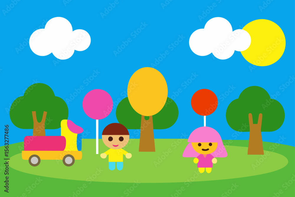 Fototapeta premium Bright Park Scene With Children Flying Kites