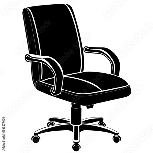 Black office chair with wheels and armrests isolated on white background