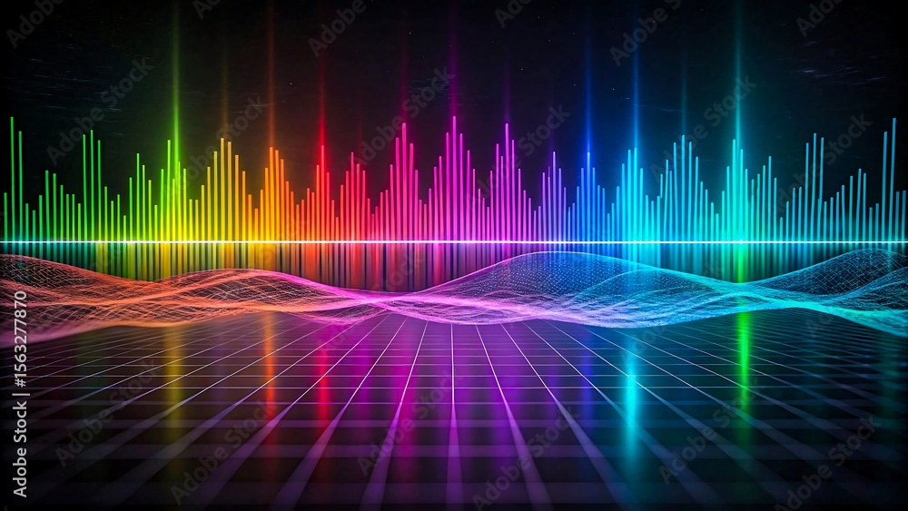 Colorful sound wave spectrum with glowing lines on dark grid background for music and audio design
Colorful sound wave spectrum with glowing lines on dark grid background for music and audio design