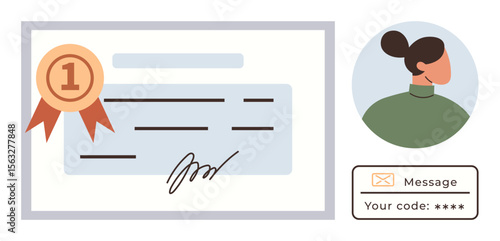 Award certificate with gold seal, human portrait, and secure message box with code. Ideal for validation, achievement, success, identity, communication, security and certification in a simple flat