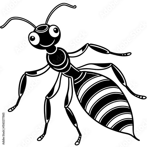 Cute cartoon black and white ant with big eyes and striped abdomen