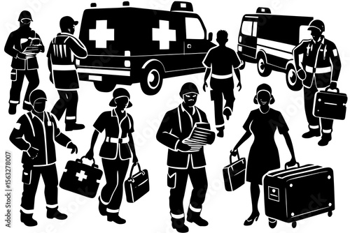 Emergency Medical Responders Silhouettes of Paramedics, Doctors, and Nurses in Action