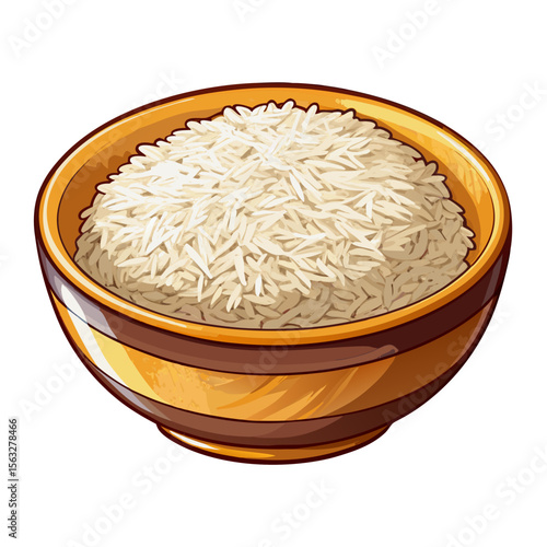 vector illustration of a wooden bowl filled with fluffy white basmati rice, 