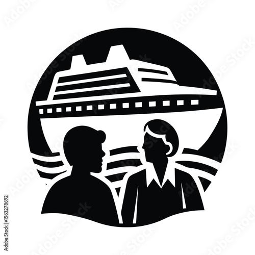 Two passengers watching cruise ship silhouette while enjoying a vacation travel experience