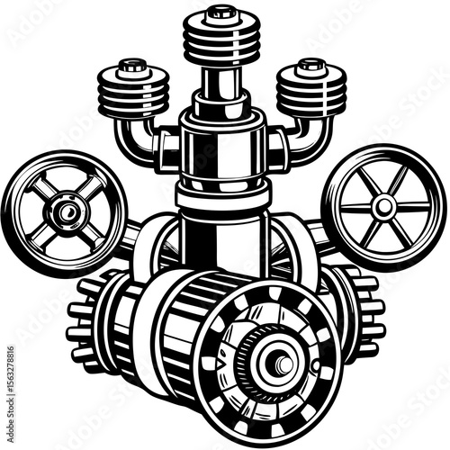 Intricate black and white illustration of a complex steampunk engine with gears and valves