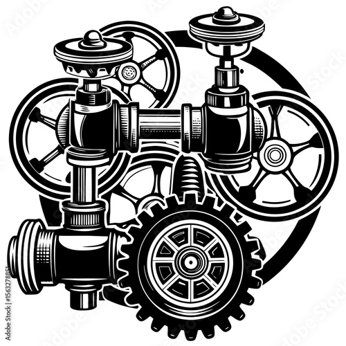 Intricate steampunk machinery with gears and pipes in black and white