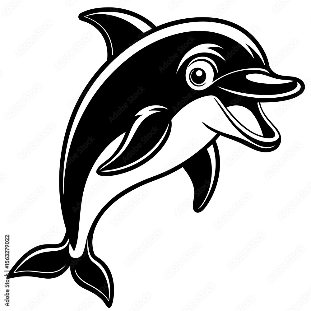 Obraz premium Happy cartoon dolphin leaping and smiling in black and white