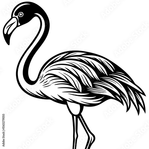 Stylized black and white illustration of a flamingo standing on one leg
