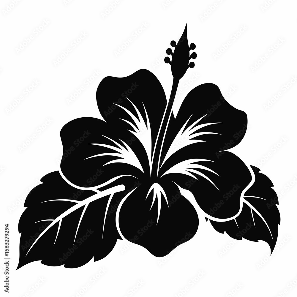 Obraz premium Stylized black silhouette of a hibiscus flower with leaves on white background
