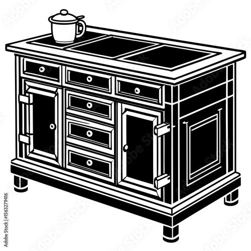 Vintage black and white illustration of a kitchen stove with drawers and cabinets