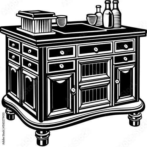 Antique wooden sideboard with drawers and cabinets featuring decorative bottles and bowls