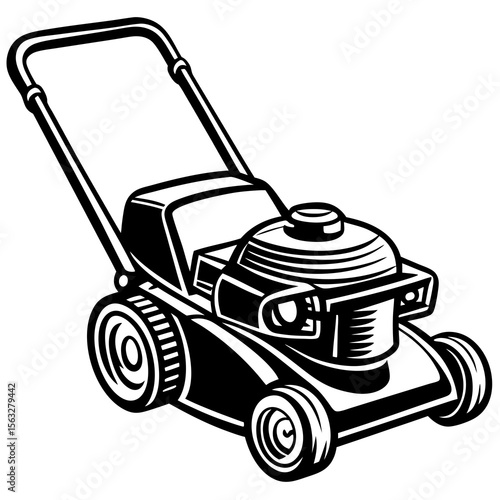 Black and white illustration of a push lawn mower on a white background