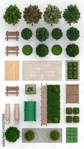 Top view park design landscape plan trees benches