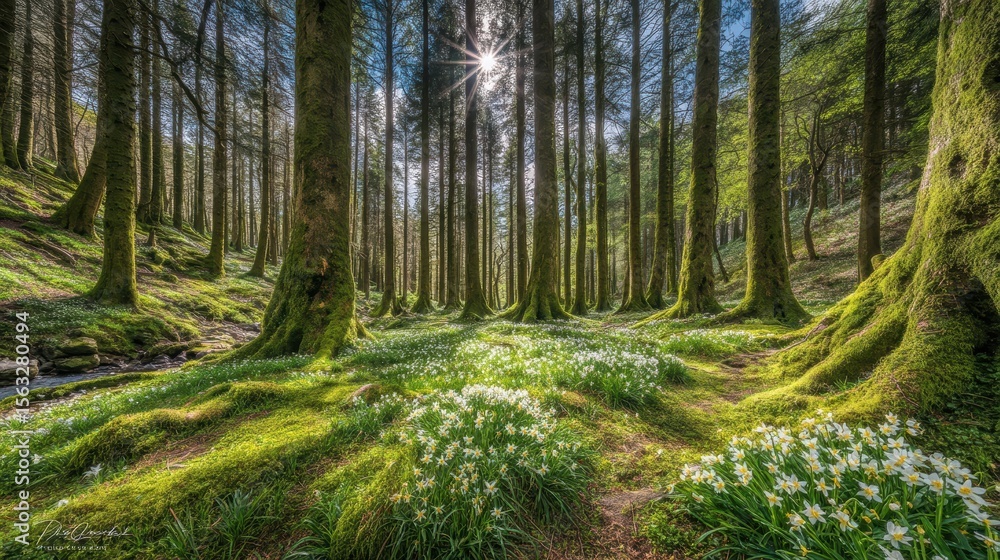 Fototapeta premium Lush Green Forest with Moss Covered Trees Bright Sunlight Filtering Through Canopy