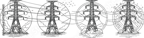 High voltage electric power lines, transmission towers, electricity distribution network, energy infrastructure, industrial pylons, utility grid, electrical cable system