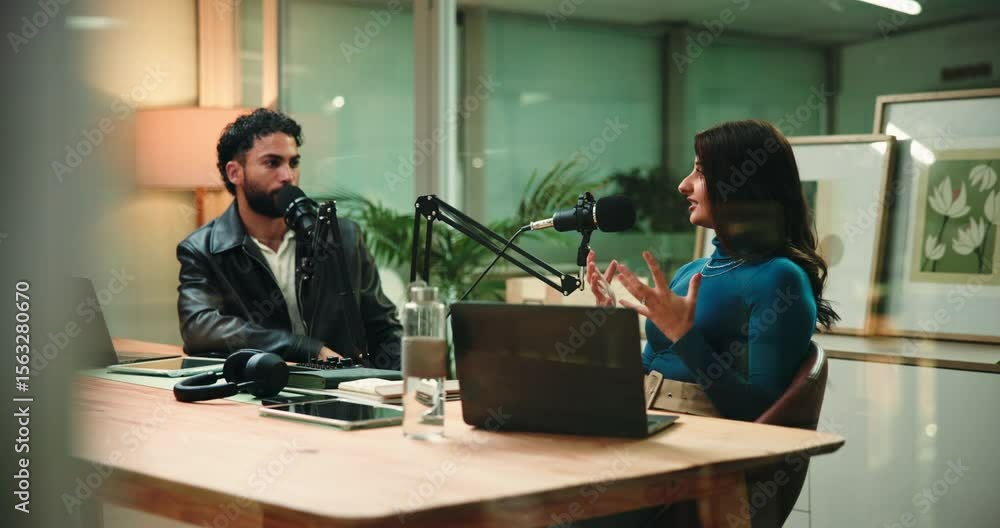 Woman, man and conversation for podcast with microphone, interview and questions for studio guest. People, host or musician with radio show for album promotion, smile and live stream at media company