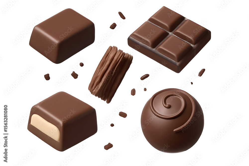 Fototapeta premium Assorted smooth milk chocolates float against a black background, stylized presentation