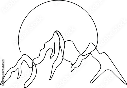 Abstract mountain range landscape in continuous line drawing style. Minimalist mountain in black linear sketch isolated on white background. Vector illustration