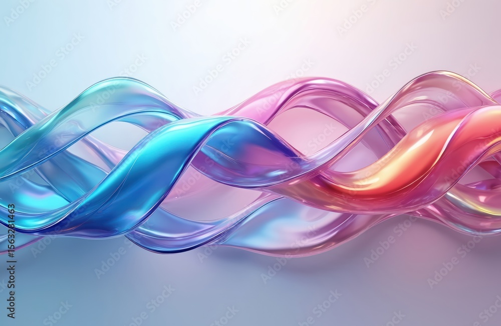 Naklejka premium Colorful glossy glass ribbon with holographic curved wave design. Abstract element for banners backgrounds wallpapers. Modern digital 3d art, light, texture, space, bright geometric shape.