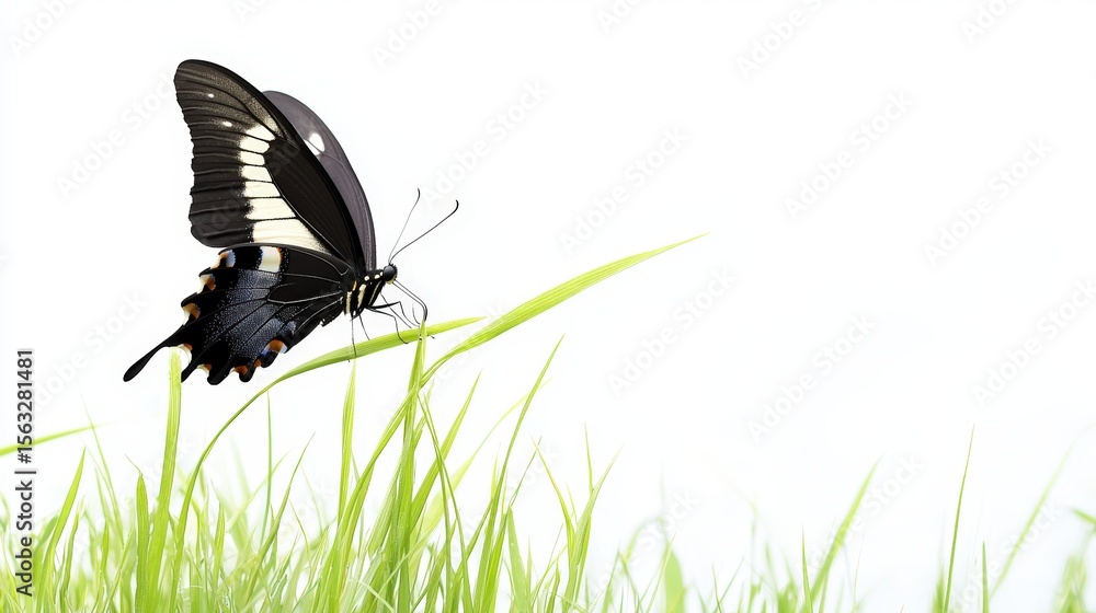 Fototapeta premium A patch of grass with a single butterfly resting on a blade, adding a natural and serene touch